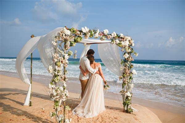 عروس و داماد در حال لذت بردن از عروسی ساحلی در مناطق استوایی طاق عروسی پس زمینه اقیانوس