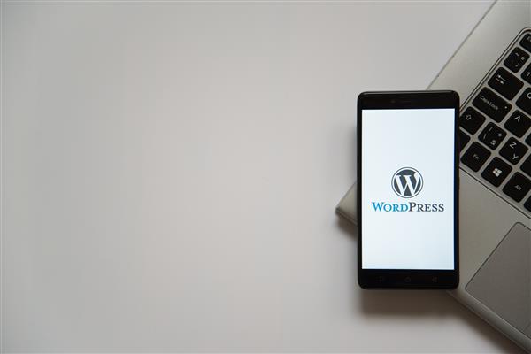 براتیسلاوا اسلواکی 28 آوریل 2017 نشان وردپرس بر روی صفحه نمایش گوشی هوشمند روی صفحه کلید لپ تاپ قرار داده شده است جای خالی برای نوشتن اطلاعات