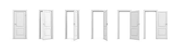 مجموعه رندر سه بعدی درب های چوبی سفید در مراحل مختلف بازشو ورودی و درها فضای داخلی داخلی راه بسته و باز