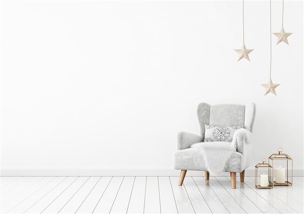 فضای داخلی اتاق نشیمن کریسمس با صندلی مخملی بالش ستاره و فانوس در پس زمینه دیوار سفید رندر سه بعدی