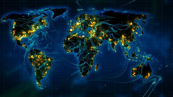یک رندر سه بعدی چشمگیر از یک نقشه فضایی با پیوندهای آبی روشن و منحنی روی شبکه ای قرار گرفته است که اقیانوس های آبی تیره را پوشش می دهد مناطق زرد مربوط به مناطق بزرگ شهری است