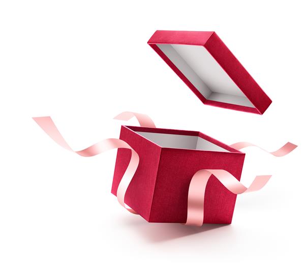 جعبه هدیه باز قرمز با روبان جدا شده در پس زمینه سفید