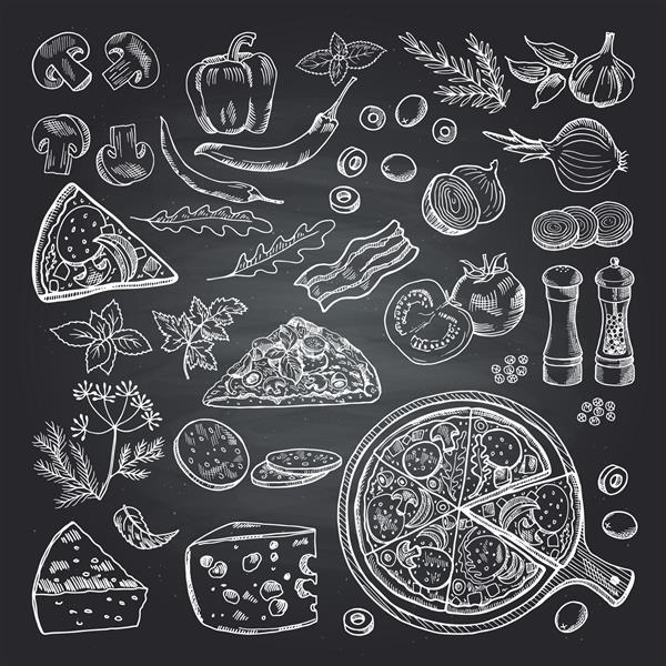 تصاویری از مواد تشکیل دهنده پیتزا روی تخته سیاه سیاه مجموعه تصاویر آشپزخانه ایتالیایی پیتزا غذای ایتالیایی طرح منوی رستوران با مواد تشکیل دهنده