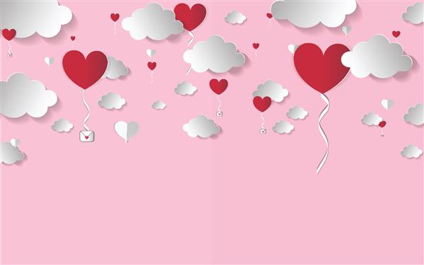 وکتورسبک کاردستی کاغذی عشق برای روز ولنتاین و قلب بزرگ ابری و قلب کوچک در پس زمینه صورتی با طراحی برای جشنواره ولنتاین