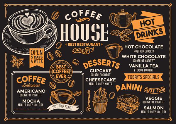 منوی قهوه رستوران وکتور بروشور نوشیدنی برای بار و کافه الگوی طراحی با تصاویر غذای قدیمی با دست طراحی شده است