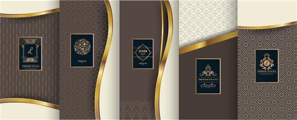 مجموعه ای از عناصر طراحی برچسب آیکون قاب برای بسته بندی طراحی محصولات لوکس ساخته شده با فویل طلایی جدا شده در پس زمینه رنگ قهوه ای وکتور