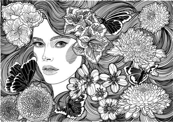وکتور دختر زیبا با موهای زیبا در میان باغی شکوفه و پروانه های تکان دهنده تصویر سیاه سفید