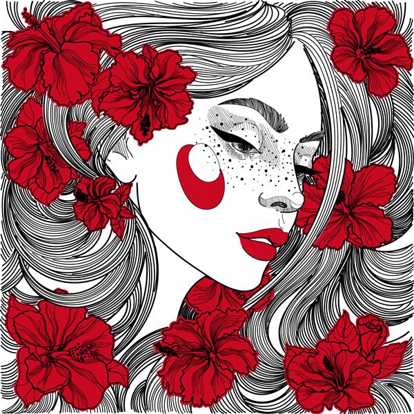 وکتور دختر زیبا با نیم رخ سیاه و سفید رنگ آمیزی زیور آلات با رژ لب مایل به قرمز روشن و گل های قرمز هیبیسکوس در موهای شاداب