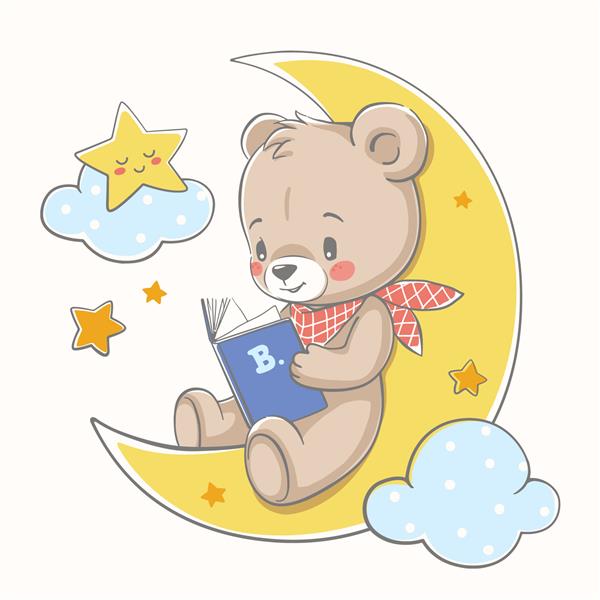 خرس ناز روی ماه می نشیند و تصویر وکتور کارتون کتابی را می خواند