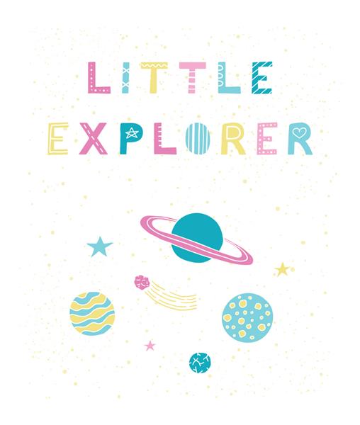 پوستر انگیزشی با حروف اسکاندیناوی کاوشگر کوچک و سیارات فضایی با دست ترسیم شده سیارک ستارگان در رنگ‌های پاستلی مناسب برای اتاق بچه ها