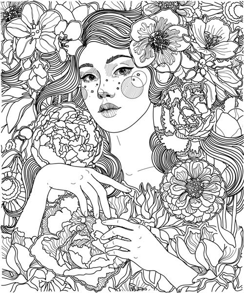 وکتور تصویر رنگ آمیزی سیاه و سفید دختر در میان گل ها خط روباز زیور آلات و بافت پس زمینه