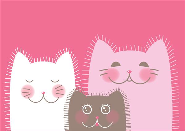 وکتور خانواده گربه های زیبای مختلف در پس زمینه صورتی پوزه های احساسی