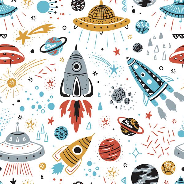 پس زمینه فضایی برای بچه ها وکتور الگوی بدون درز با موشک های کارتونی سیارات ستاره ها دنباله دارها و بشقاب پرنده ها
