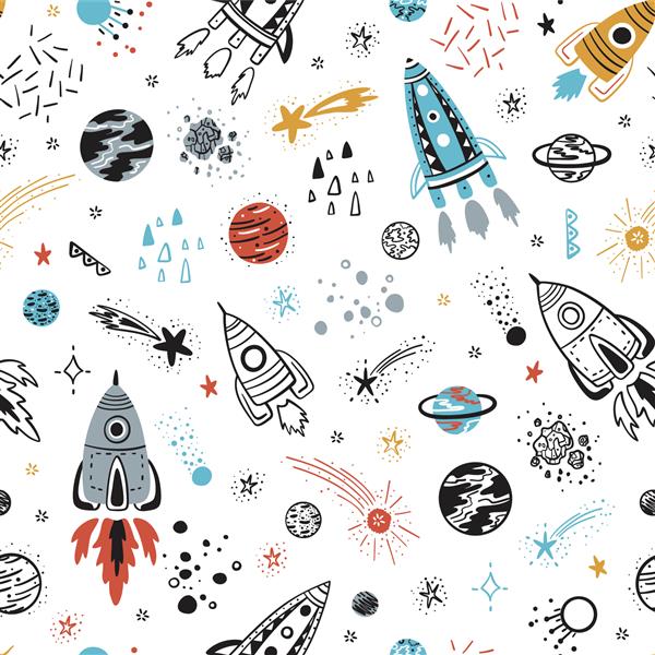 پس زمینه فضایی برای بچه ها وکتور الگوی بدون درز با موشک های کارتونی سیارات ستاره ها و دنباله دارها