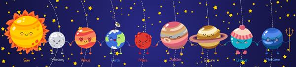 مجموعه ای از نمادهای کارتونی دودل وکتور سیارات منظومه شمسی شخصیت های خنده دار کمیک رنگی آموزش کودکان کاغذ دیواری پس زمینه نمادها قالب برای طراحی وب کارت تبریک جلد پوستر