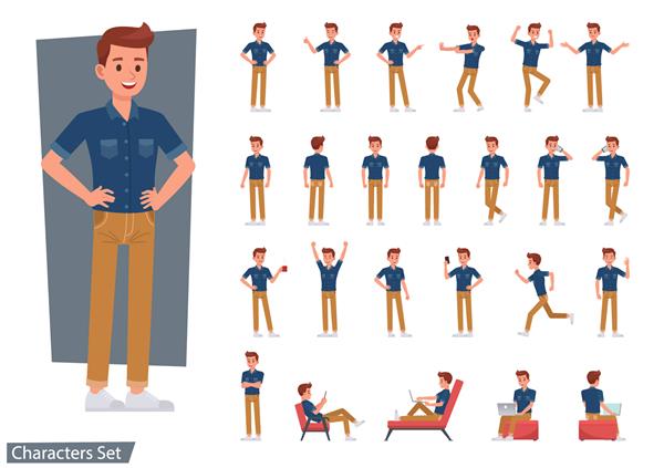 مجموعه طرح وکتور شخصیت پیراهن جین آبی مردانه ارائه در اقدامات مختلف با احساسات دویدن ایستادن و راه رفتن