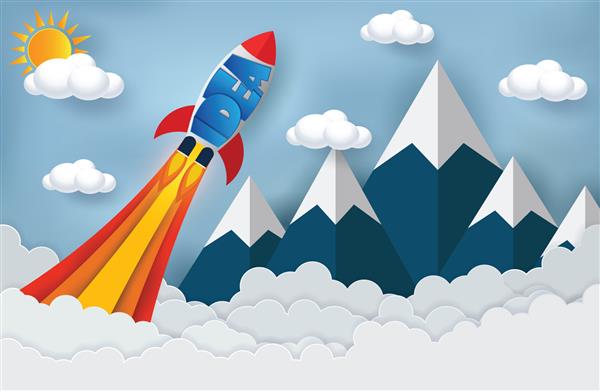 پرتاب شاتل فضایی به آسمان کوه ابر مفهوم مالی راه اندازی کسب و کار رقابت برای موفقیت و اهداف شرکتی ایده خلاقانه آیکون وکتور وکتور هنر کاغذ