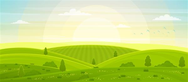 منظره روستایی آفتابی با تپه ها و مزارع در سپیده دم تپه های سبز تابستانی چمنزارها و مزارع آسمان آبی با ابرهای سفید