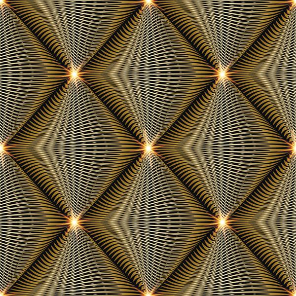الگوی بدون درز وکتور مدرن سه بعدی طلای براق پس زمینه هندسی بافت انتزاعی لوزی کاشی راه راه ستاره های درخشان خطوط منحنی ها نقطه ها طرح تزئینی خلاقانه طلایی با بافت سطحی