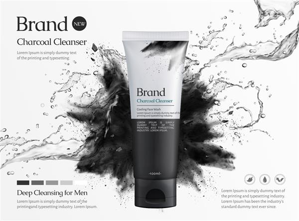 تبلیغات تجاری پاک کننده زغال چوب با مایع پاشیدن و انفجار پودر سیاه در پس زمینه سفید تصویر سه بعدی