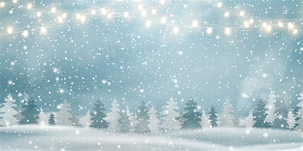 کریسمس منظره جنگل‌های برفی با صنوبر جنگل‌های مخروطی گلدسته‌های سبک برف در حال بارش دانه‌های برف برای تعطیلات زمستانی و سال نو منظره زمستانی تعطیلات پس زمینه وکتور کریسمس