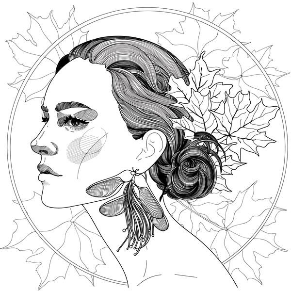 وکتور یک دختر زیبا در نیمرخ با برگ های افرا در موهایش و گوشواره های افرای زیبا