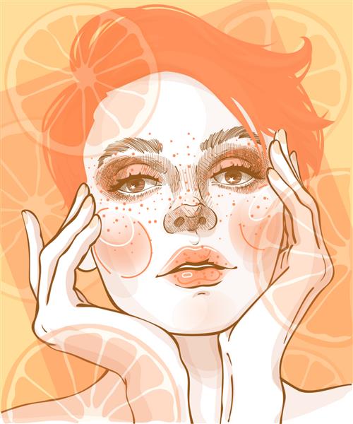 وکتور یک دختر مد که صورتش را با دستانش گرفته است موهای نارنجی قرمز دارد