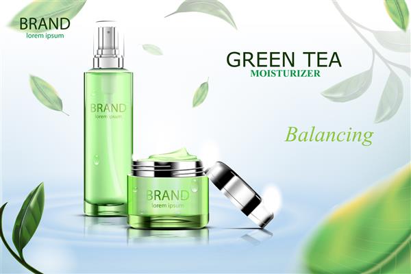 کرم مراقبت از پوست بسته بطری لوازم آرایشی لوکس پوستر محصولات آرایشی زیبایی با چای سبز و آب در زمینه آبی
