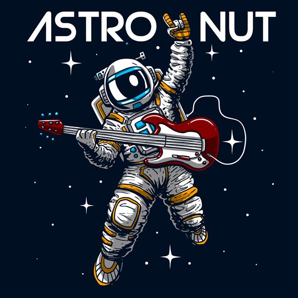 فضانورد دیوانه در حال نواختن گیتار شعار وکتور تصویر کارتونی سه راهی کاغذ دیواری گرافیکی طرح چاپ پارچه خانگی