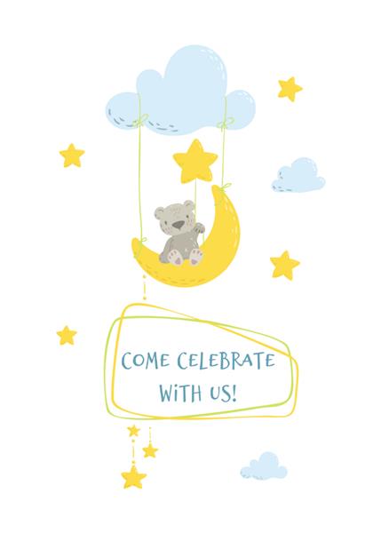 دعوت نامه وکتور با دست کشیده شده زیبا کارت دعوت حمام نوزاد بچه خرس با قاب مکانی برای متن شما