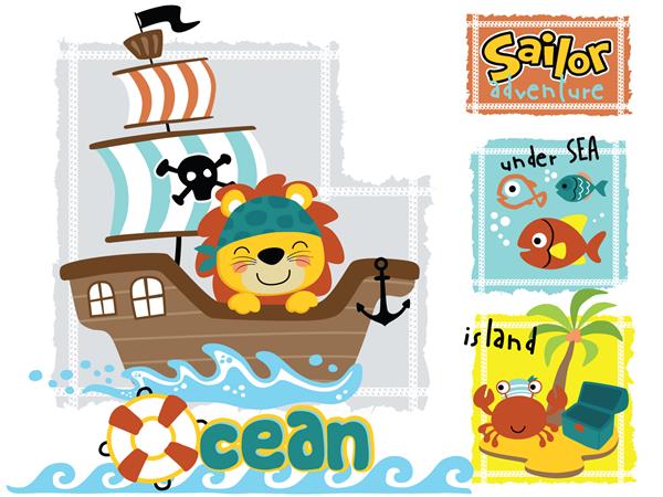 کارتون خنده دار شیر در قایق بادبانی با حیوانات دریایی