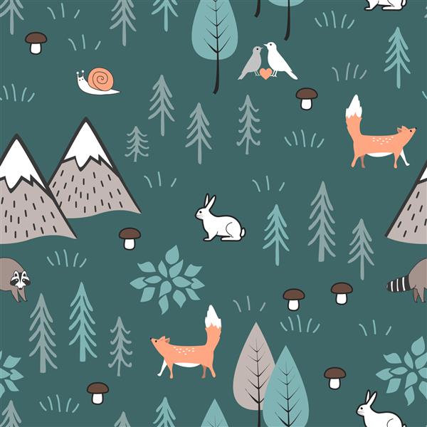 الگوی بدون درز کارتونی اسکاندیناوی با خرگوش‌ها درختان روباه قارچ‌ها و کوه‌ها پس زمینه زیبا برای بچه ها پارچه طراحی لباس ملحفه کاغذ دیواری اسکرپ بوک