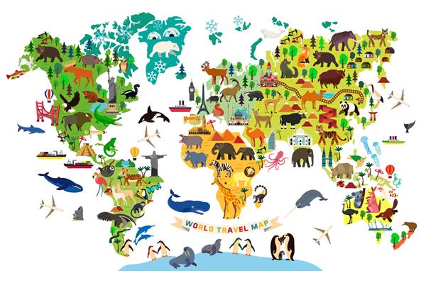 نقشه حیوانات جهان برای کودکان و کودکان وکتور