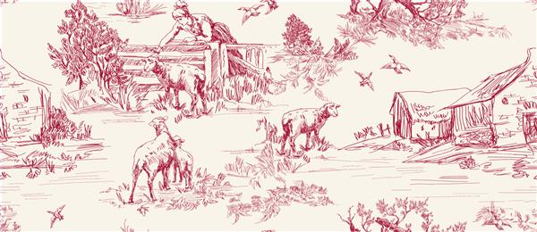 الگوی صحنه هایی از زندگی روستایی با خانه گوسفند مردم درختان به رنگ قرمز روی رنگ بژ به سبک تویل دو ژوی