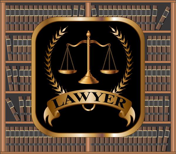 طرح وکیل تصویری از یک قانون یا نشان وکیل است که شامل مقیاس های عدالت نشان و یک بنر با متن وکیل است پس زمینه ای از قفسه های پر از کتاب دارد