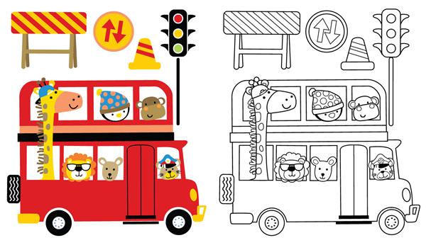 کارتون حیوانات زیبا در اتوبوس قرمز با علائم راهنمایی و رانندگی کتاب رنگ آمیزی یا صفحه