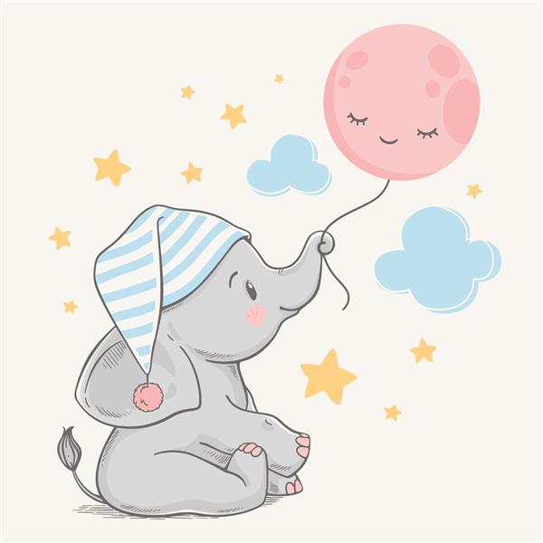 وکتور با دست کشیده شده از یک بچه فیل زیبا در کلاه خوابی که ماه را با خرطوم خود نگه داشته است