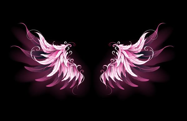 بال های فرشته روشن هنری و صورتی روی پس زمینه مشکی
