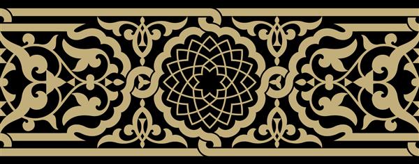 حاشیه بدون درز گل عربی طراحی سنتی اسلامی عنصر تزئین مسجد اخر روی پس زمینه مشکی