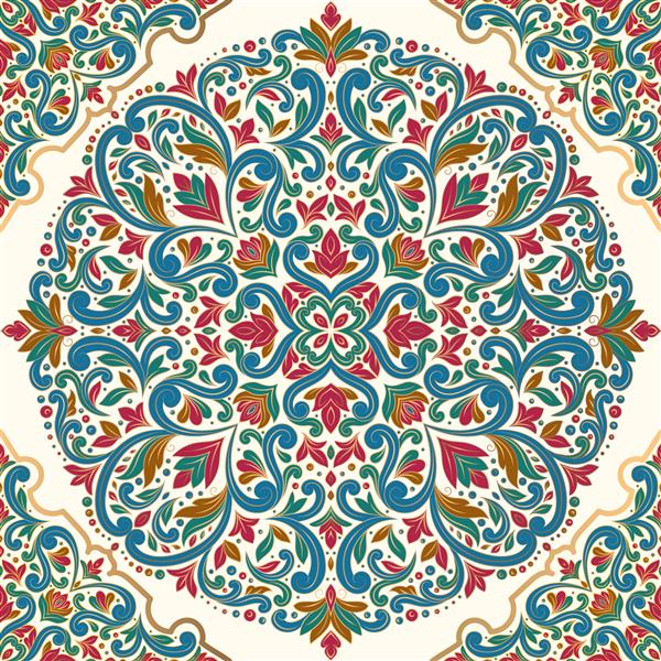 الگوی بدون درز تزئینات لوکس قرمز آبی و طلایی نقوش سنتی ترکی هندی عالی برای پارچه و منسوجات کاغذ دیواری بسته بندی یا هر ایده دلخواه