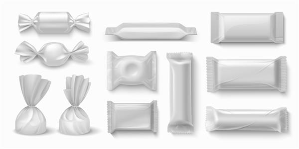 بسته آب نبات ماکت های سفید خالی بسته بندی واقعی مواد غذایی شیرین برای طراحی برند وکتور تصویر سه بعدی جدا شده آب نبات کاراملی و بسته بندی پلاستیکی میله های شکلاتی