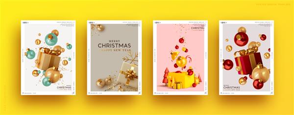 مجموعه ای از کارت های هدیه کریسمس و سال نو بنرهای کریسمس پوستر وب بروشورها و بروشورها کارت های تبریک جلدهای روشن گروهی جعبه و توپ هدیه اشیاء تزئینی کریسمس را واقع بینانه طراحی کنید