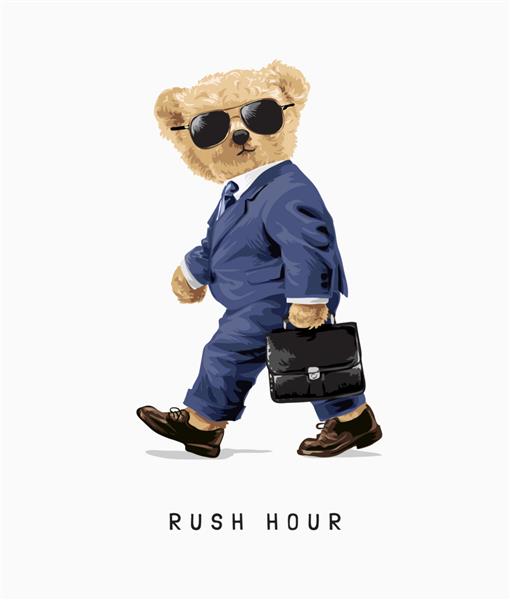 شعار ساعت شلوغی با عروسک خرس در حال راه رفتن در تصویر کت و شلوار تجاری