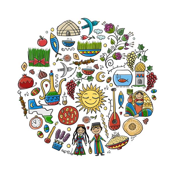 نوروز تعطیلات فرا رسیدن بهار نمادهای تعطیلات مردم غذاها آداب و رسوم و سنت ها هنر ازبکستان طراحی کارت هدیه وکتور
