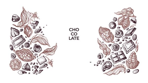 حاشیه چاکو وکتور گرافیکی میوه کاکائو لوبیا آب نبات شیرینی الگوی طرح هنری رایحه شکلات طبیعی طراحی قدیمی برای شیرینی فروشی کافه