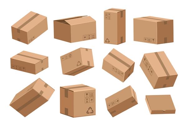 جعبه باز و بسته ظروف مقوایی کارتونی برای حمل و نقل و نگهداری مشاهده از جهات مختلف بر روی بسته‌هایی که دارای علائم شکننده و بازیافت هستند وکتور بسته و توزیع پستی