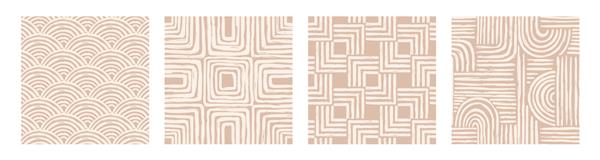 مجموعه ای از الگوی بدون درز قابل چاپ معاصر زیبایی با خطوط انتزاعی خط قلم مو و خط در رنگ های برهنه پس‌زمینه بوهو پاستلی در دیوار وکتور به سبک مینیمالیستی اواسط قرن