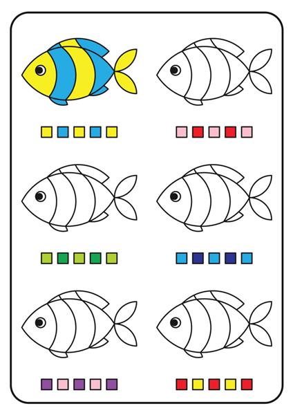 صفحات رنگ آمیزی آموزشی بازی های آموزشی برای کودکان کاربرگ فعالیت های پیش دبستانی قابل چاپ وکتور کارتونی ساده از اشیاء رنگارنگ برای یادگیری رنگ ها رنگ آمیزی ماهی های ناز