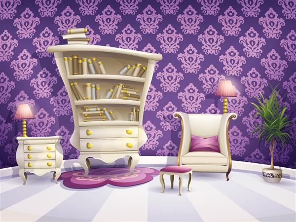 تصویری از کابینت کتاب کارتونی با مبلمان سفید برای پرنسس های کوچک