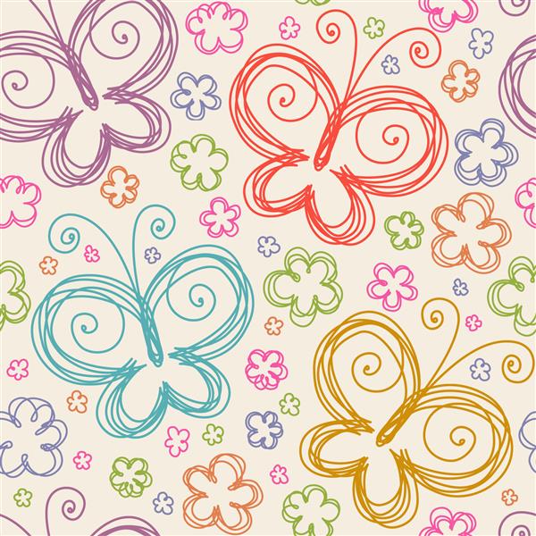 وکتور الگوی بدون درز با گل ها و پروانه های ابله پس زمینه گل به سبک کودکانه کشیده شده است تصویرسازی تزئینی زینتی برای چاپ وب